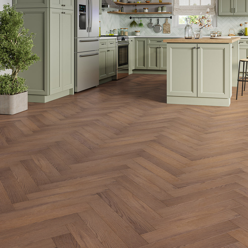 12mm Chestnut Brown Laminate Herringbone Flooring