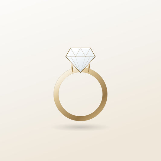 Aurora Solitaire Ring illustration: a round moissanite held in a four-claw setting on a slim 18k gold band