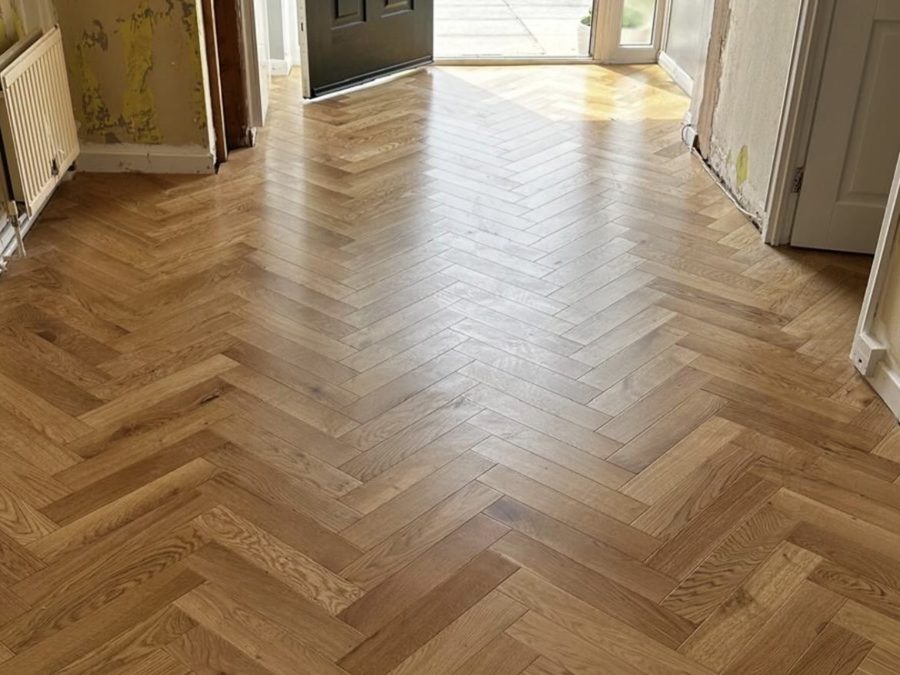 Golden oak herringbone hallway, freshly laid